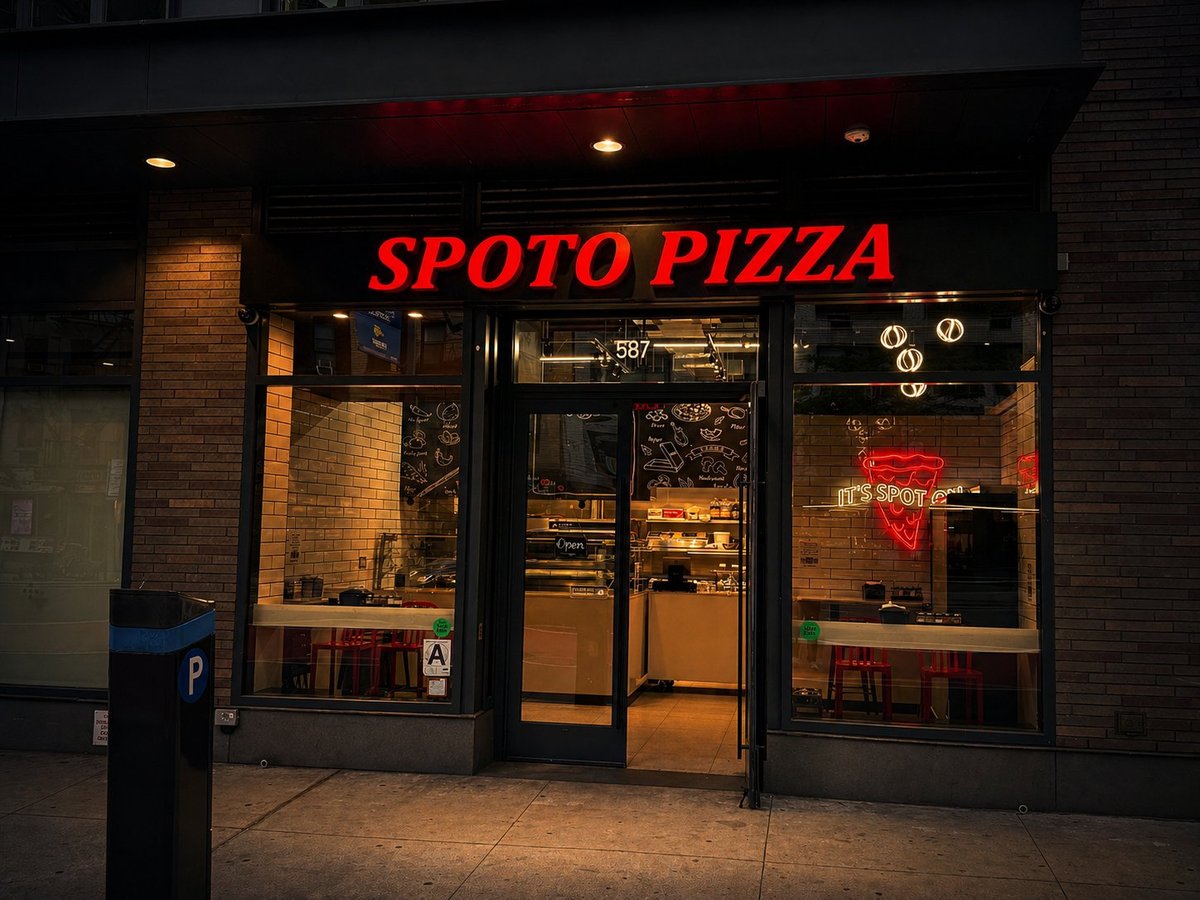Spoto Pizza storefront at night with illuminated red sign, glass doors and windows displaying interior seating and pizza oven