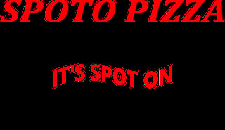 Spoto Pizza logo with red text and tagline Its Spot On on black background